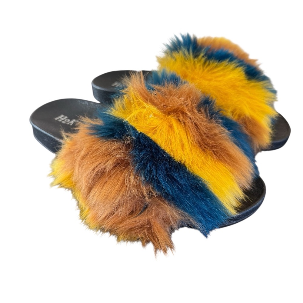 H2K fuzzy, furry, faux, fur slippers slides, yellow blue, teal gold black 9